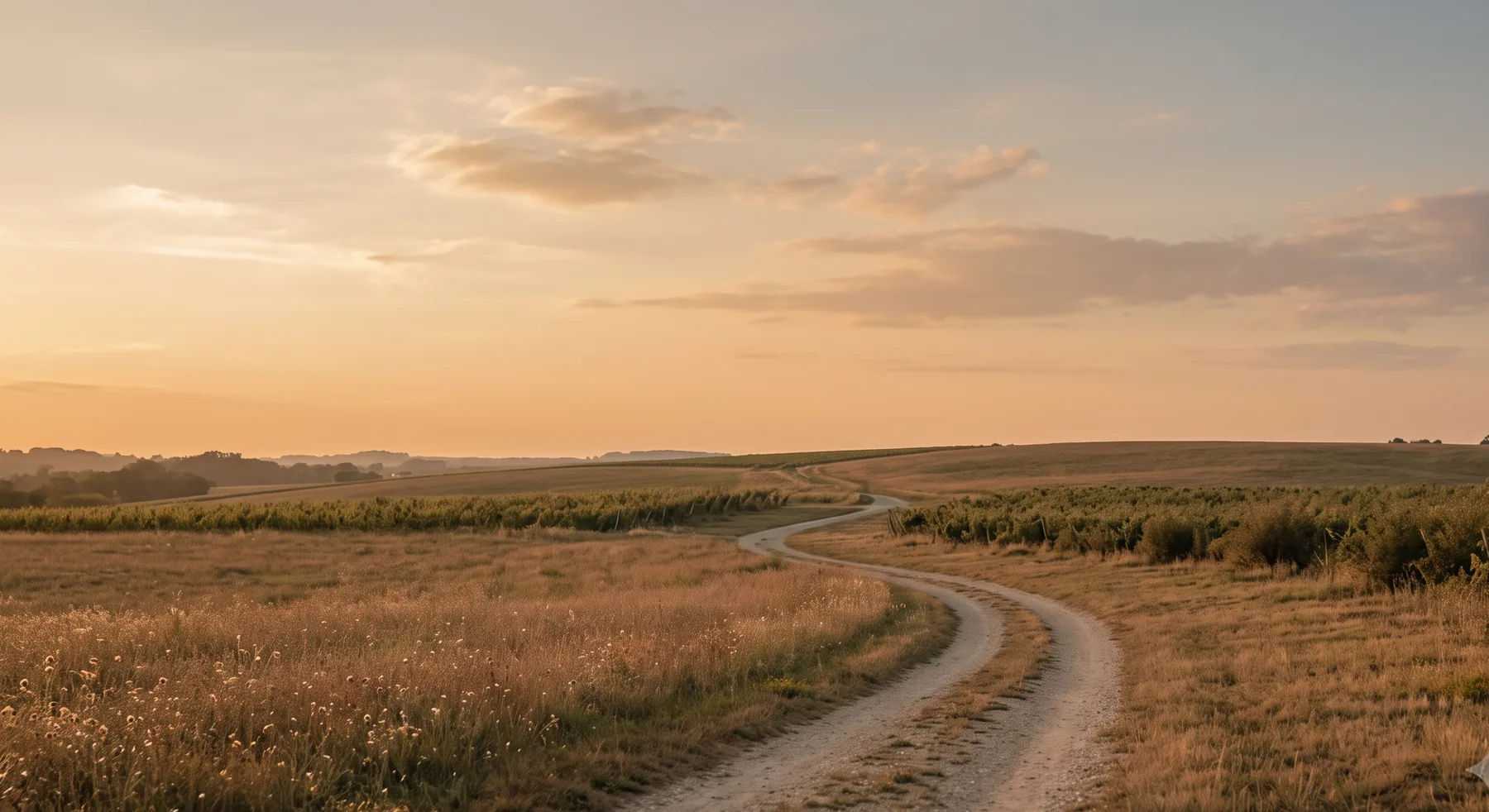 Un chemin de terre serpentant dans les champs au coucher du soleil