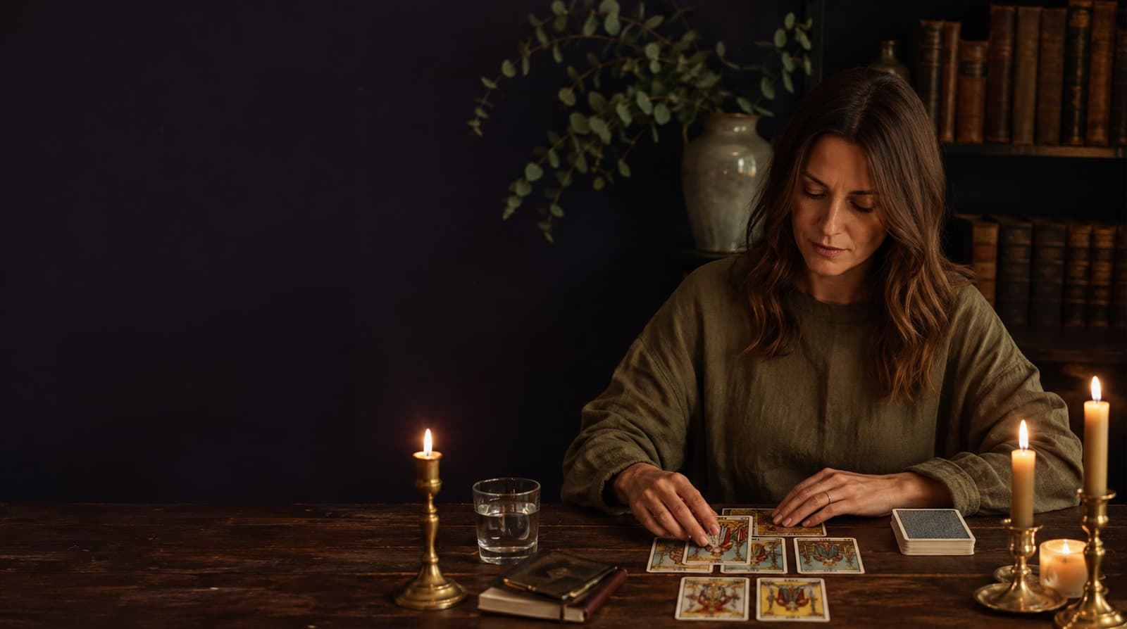 Une praticienne dispose calmement des cartes de tarot à la lumière de bougies